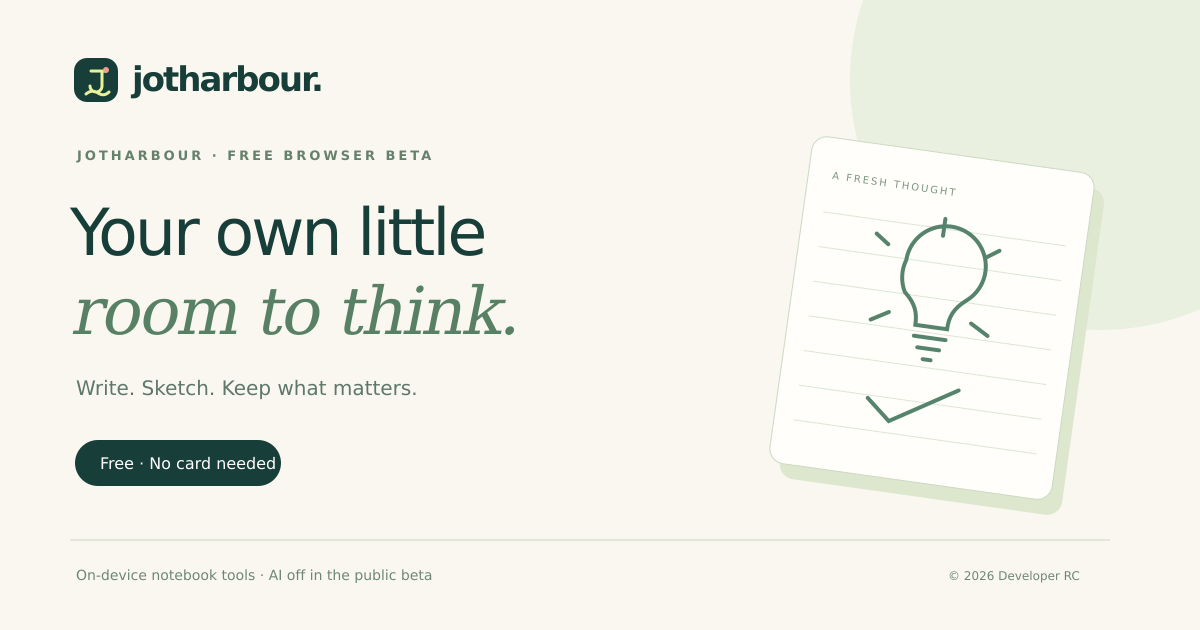 JotHarbour: Your own little room to think. Free browser beta. Write, sketch and keep what matters.